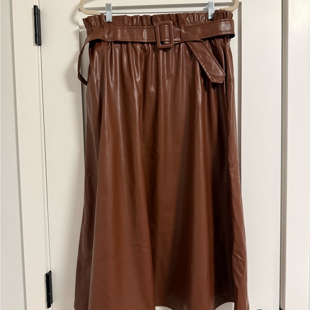 Cider Brown Faux Leather Belted Skirt